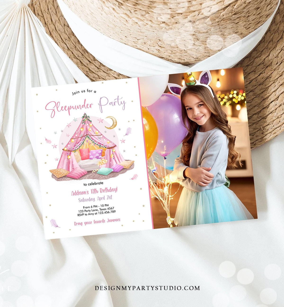 Editable Sleepunder Party Birthday Invitation Slumber Party Invite Pink Spa Tween Teen Glamping Movie Digital Evite Template Printable 0499