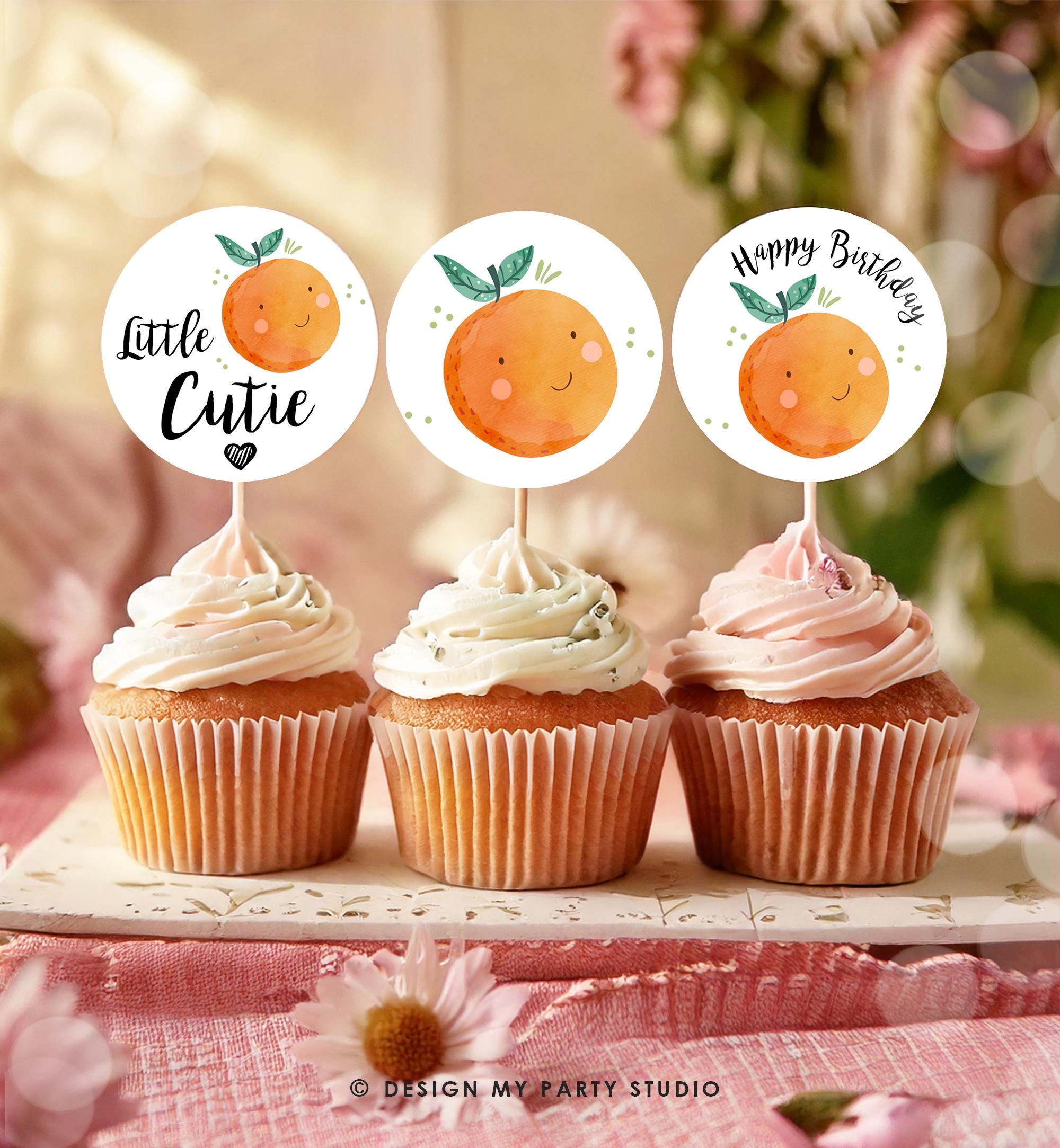 Little Cutie Cupcake Toppers Birthday Party Stickers Favor Tags Decor Orange Clementine Cuties Shower Digital Download Printable 0330