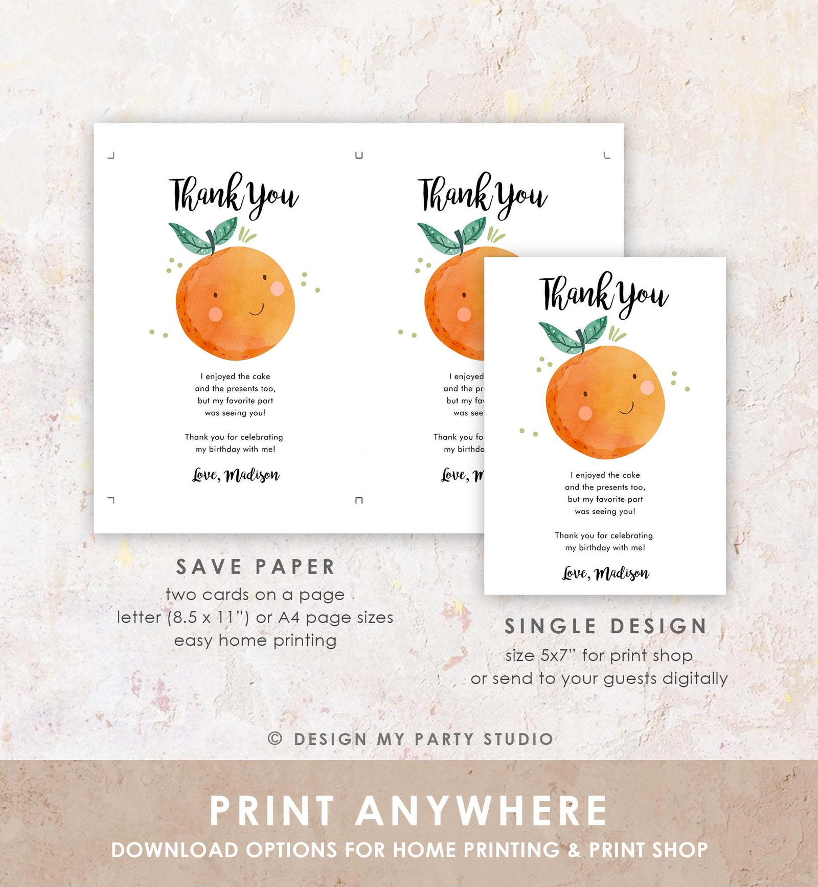 Editable Little Cutie Thank You Card Birthday Baby Shower Clementine Orange Thank You Coed Shower Digital Download Template Printable 0330