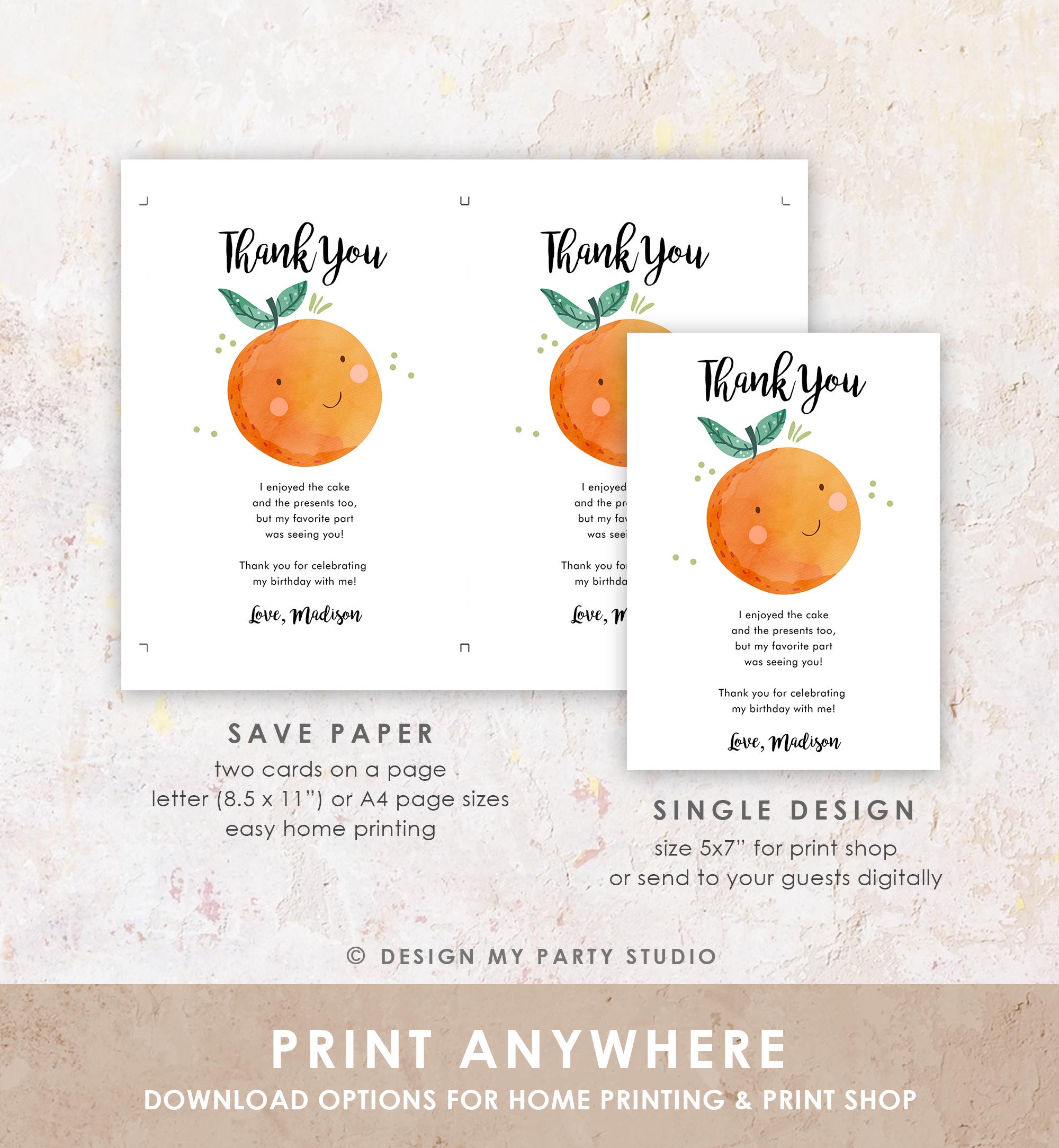 Editable Little Cutie Thank You Card Birthday Baby Shower Clementine Orange Thank You Coed Shower Digital Download Template Printable 0330