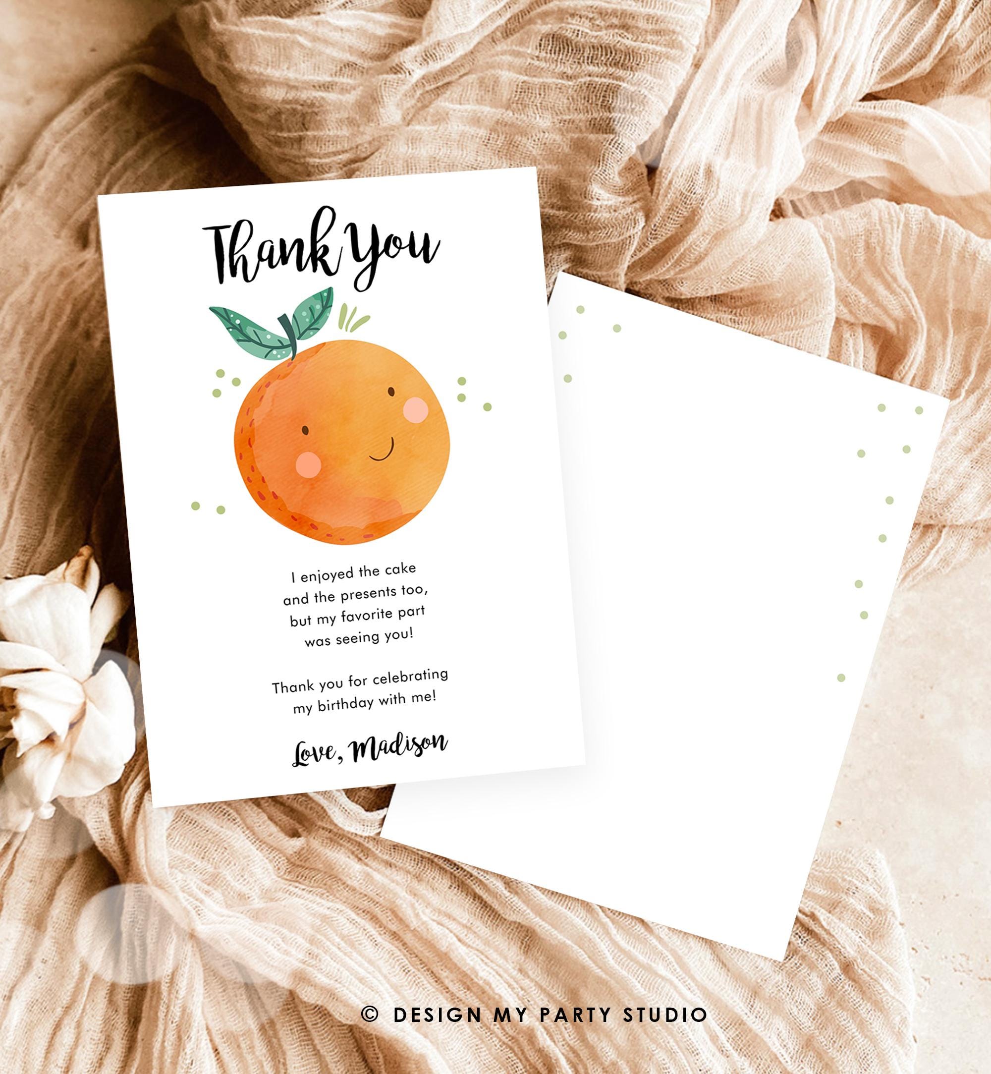 Editable Little Cutie Thank You Card Birthday Baby Shower Clementine Orange Thank You Coed Shower Digital Download Template Printable 0330