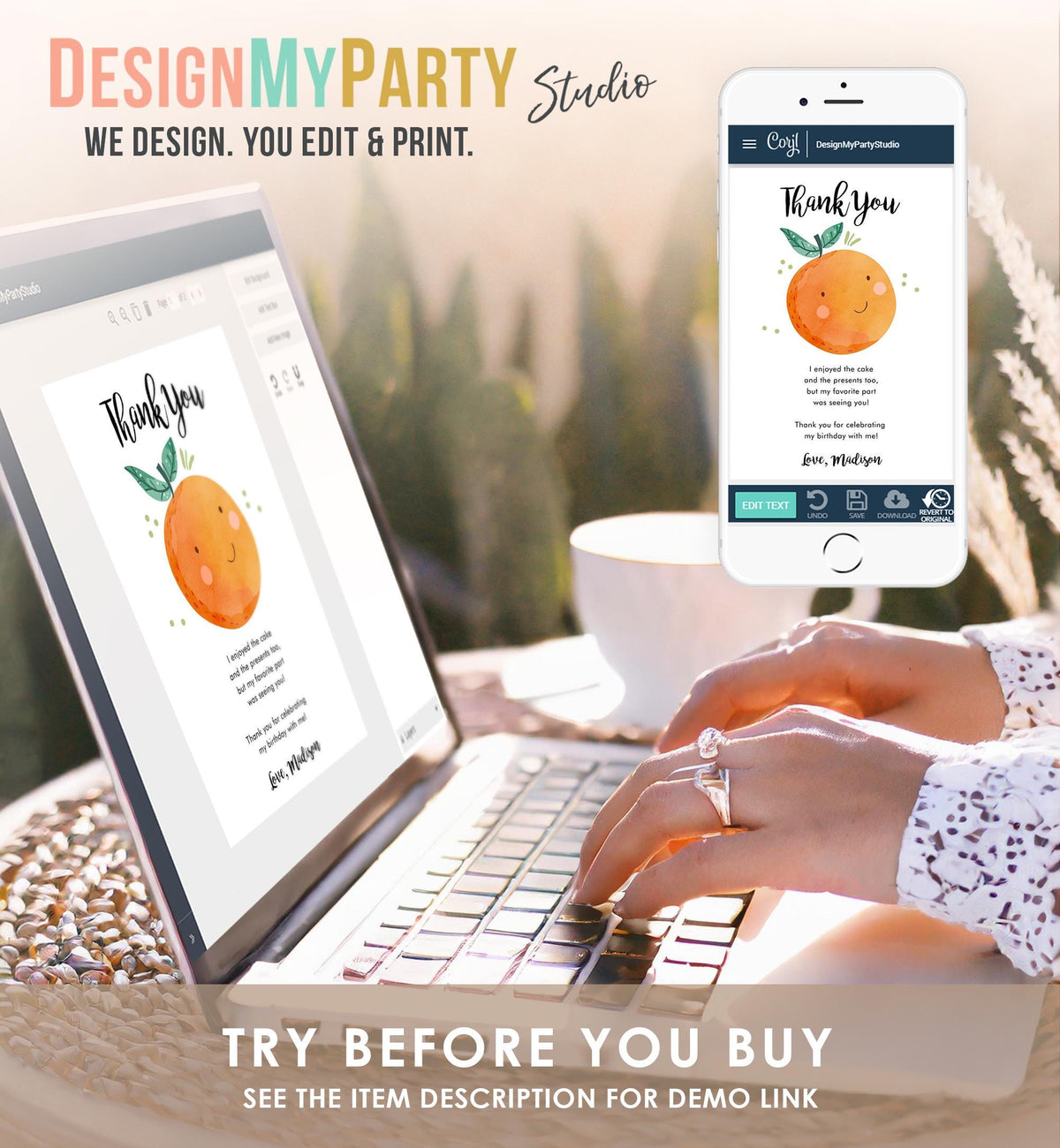 Editable Little Cutie Thank You Card Birthday Baby Shower Clementine Orange Thank You Coed Shower Digital Download Template Printable 0330