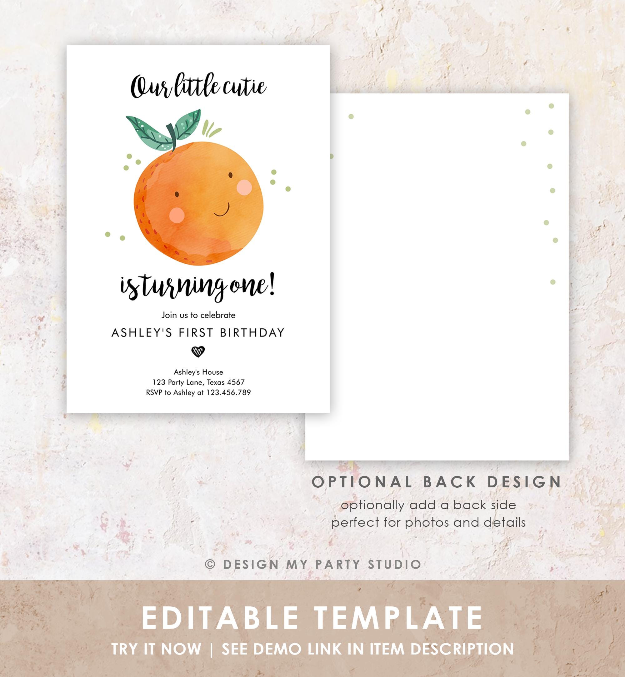 Editable Little Cutie Birthday Invitation Clementine Oranges Party Boy Girl Orange Citrus Digital Download Evite Template Printable 0330