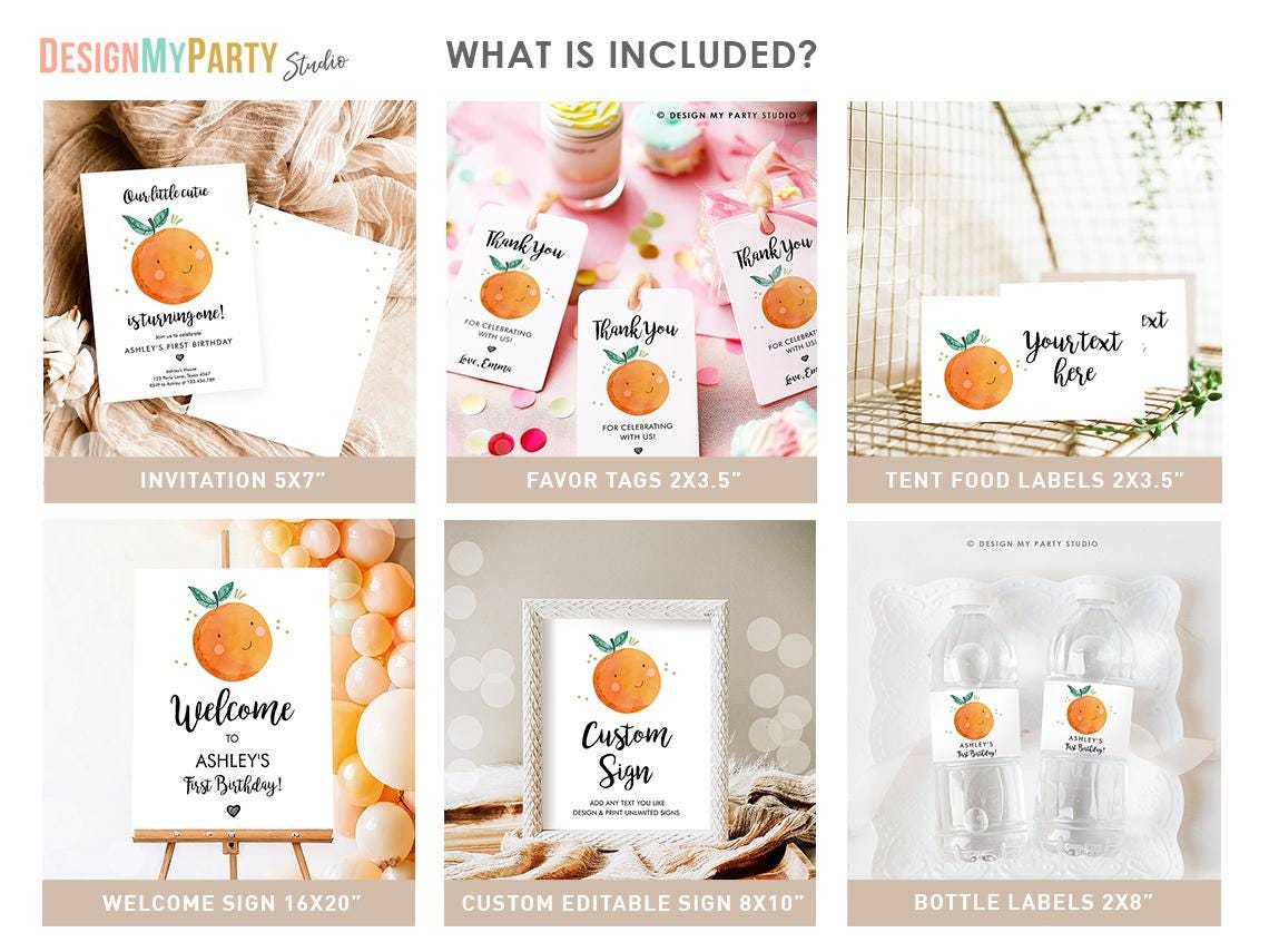 Little Cutie Birthday Invitation Bundle Cuties Orange Clementine First Birthday Greenery Digital Download Template Printable 0330