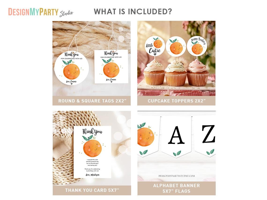 Little Cutie Birthday Invitation Bundle Cuties Orange Clementine First Birthday Greenery Digital Download Template Printable 0330