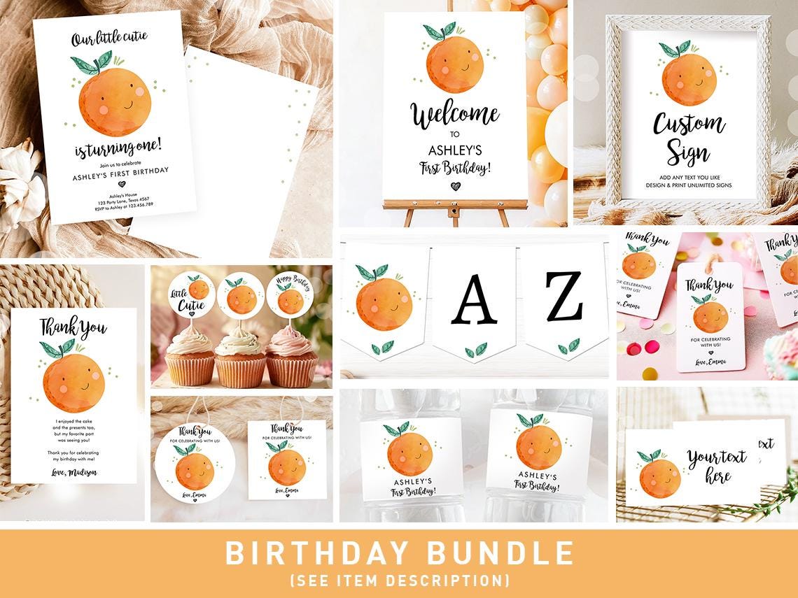 Little Cutie Birthday Invitation Bundle Cuties Orange Clementine First Birthday Greenery Digital Download Template Printable 0330