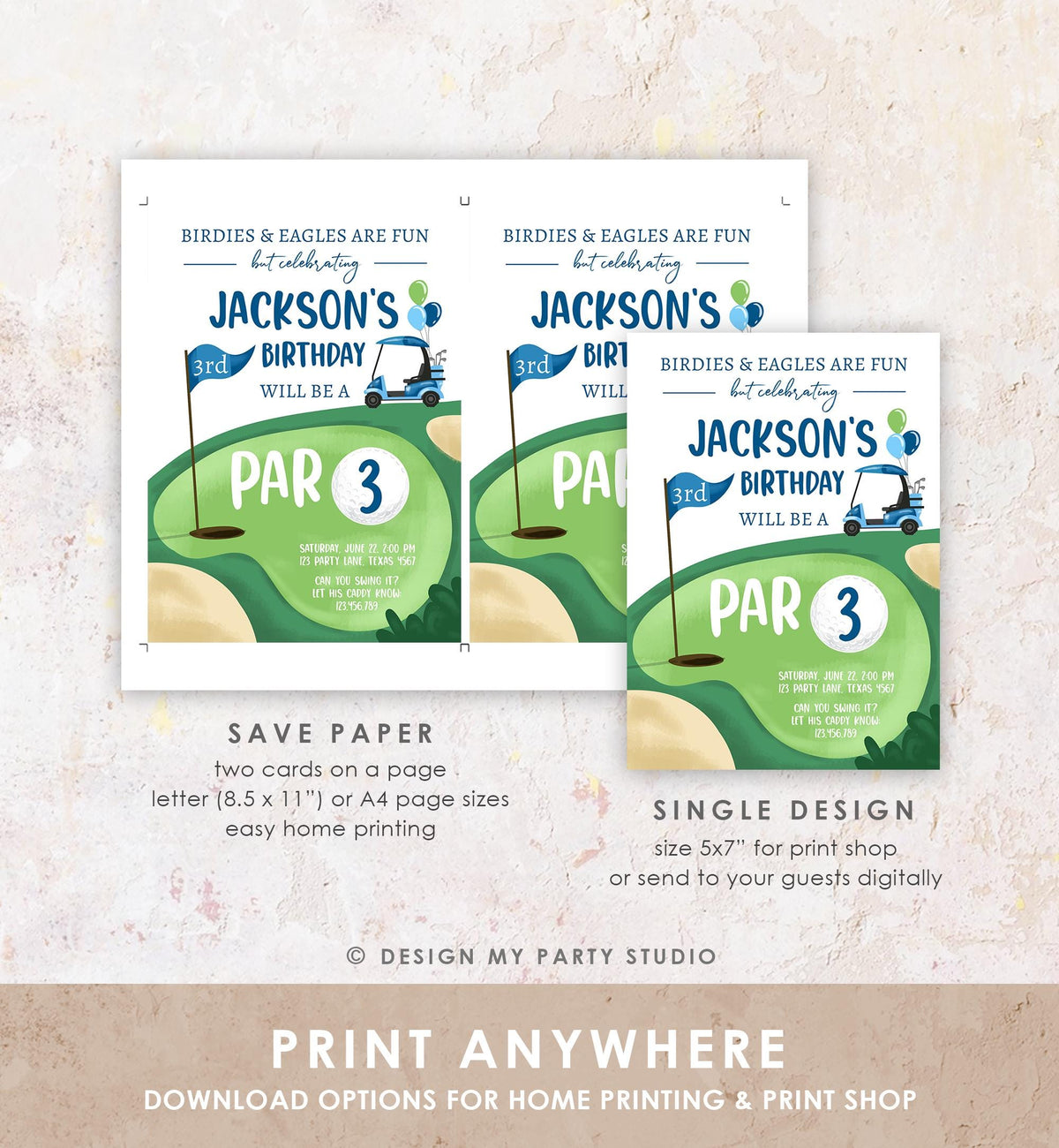 Editable Par 3 Birthday Invitation Golf 3rd Third Birthday Par-tee Golf Invite Boy Golfing Digital Download Evite Template Printable 0405