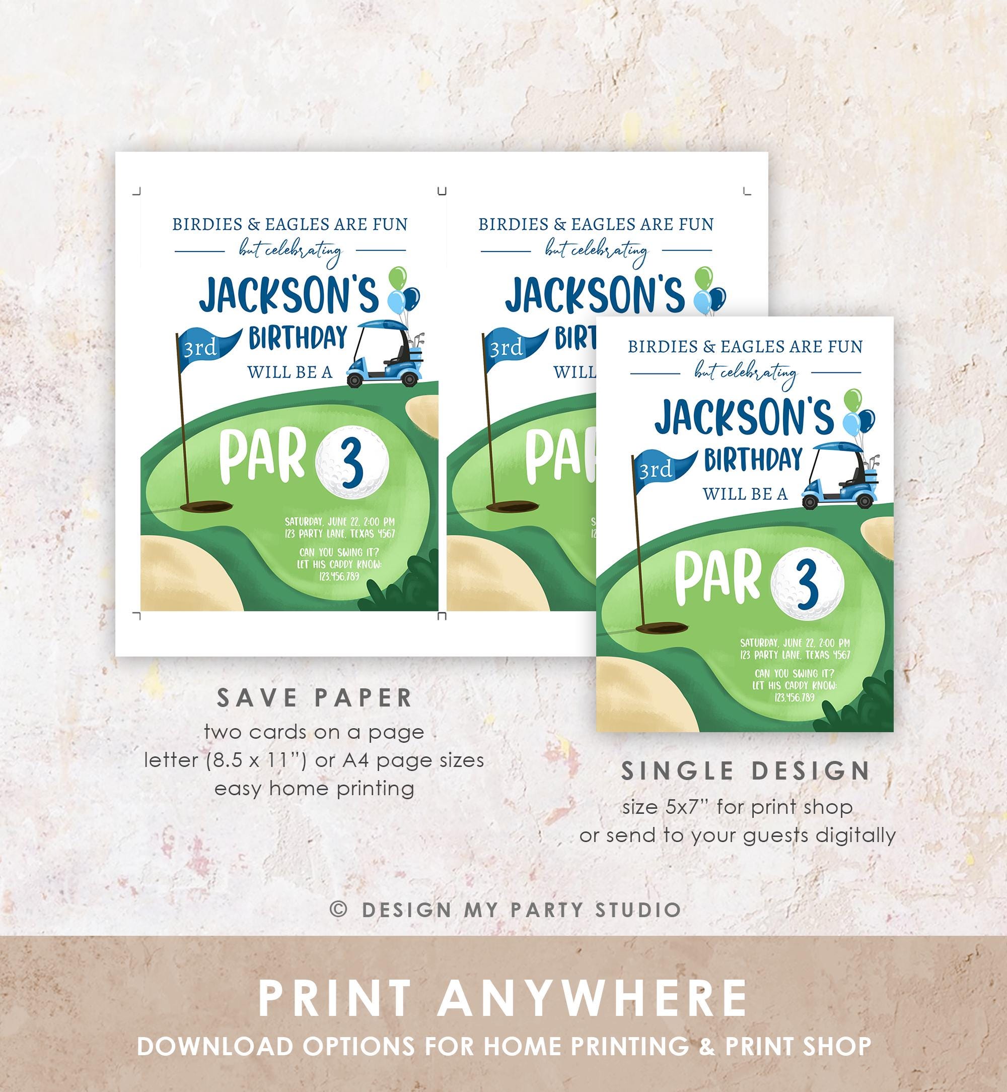 Editable Par 3 Birthday Invitation Golf 3rd Third Birthday Par-tee Golf Invite Boy Golfing Digital Download Evite Template Printable 0405