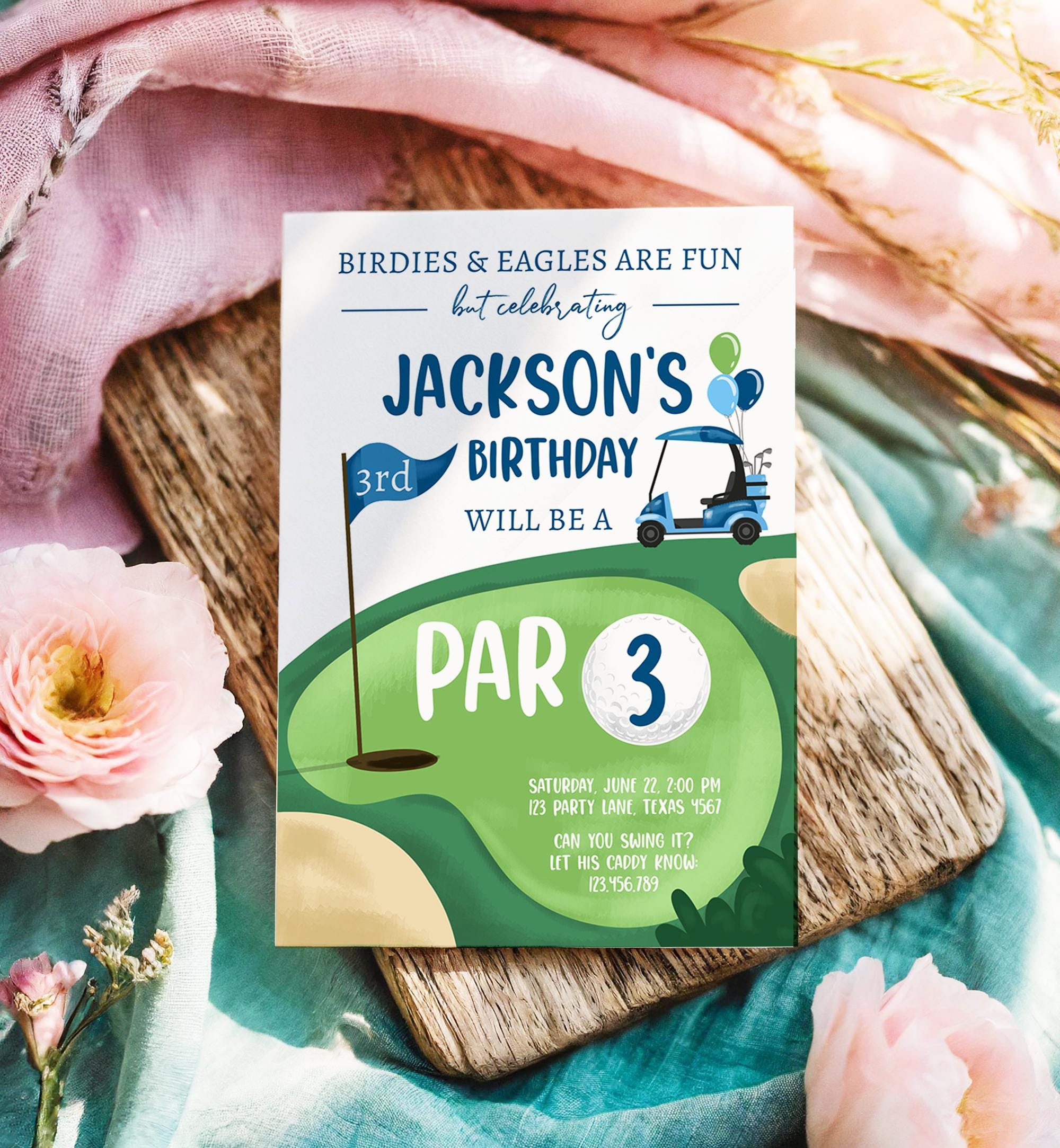 Editable Par 3 Birthday Invitation Golf 3rd Third Birthday Par-tee Golf Invite Boy Golfing Digital Download Evite Template Printable 0405