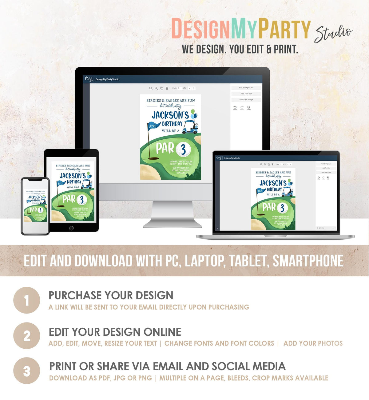 Editable Par 3 Birthday Invitation Golf 3rd Third Birthday Par-tee Golf Invite Boy Golfing Digital Download Evite Template Printable 0405