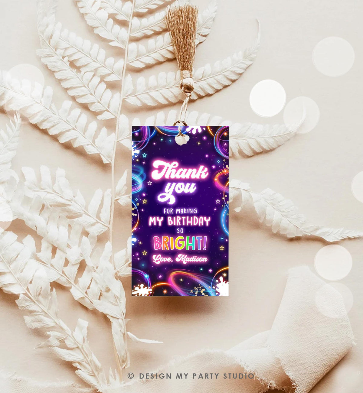 Editable Glow Favor Tag Neon Glow in the Dark Disco Girl Birthday Party Thank You Gift Tag Label Digital Download Template Printable 0537