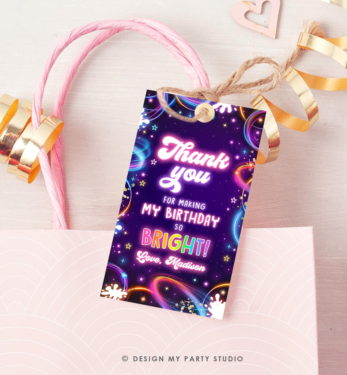 Editable Glow Favor Tag Neon Glow in the Dark Disco Girl Birthday Party Thank You Gift Tag Label Digital Download Template Printable 0537