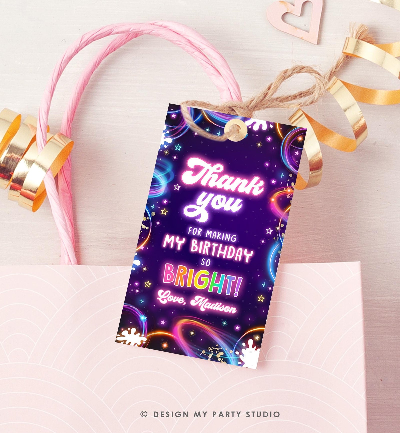 Editable Glow Favor Tag Neon Glow in the Dark Disco Girl Birthday Party Thank You Gift Tag Label Digital Download Template Printable 0537