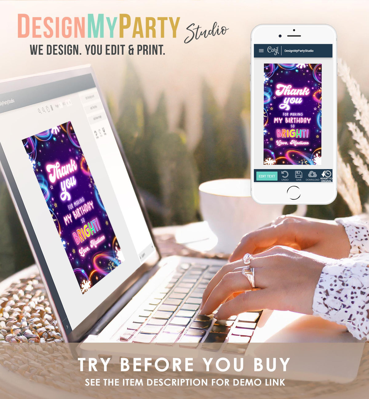 Editable Glow Favor Tag Neon Glow in the Dark Disco Girl Birthday Party Thank You Gift Tag Label Digital Download Template Printable 0537