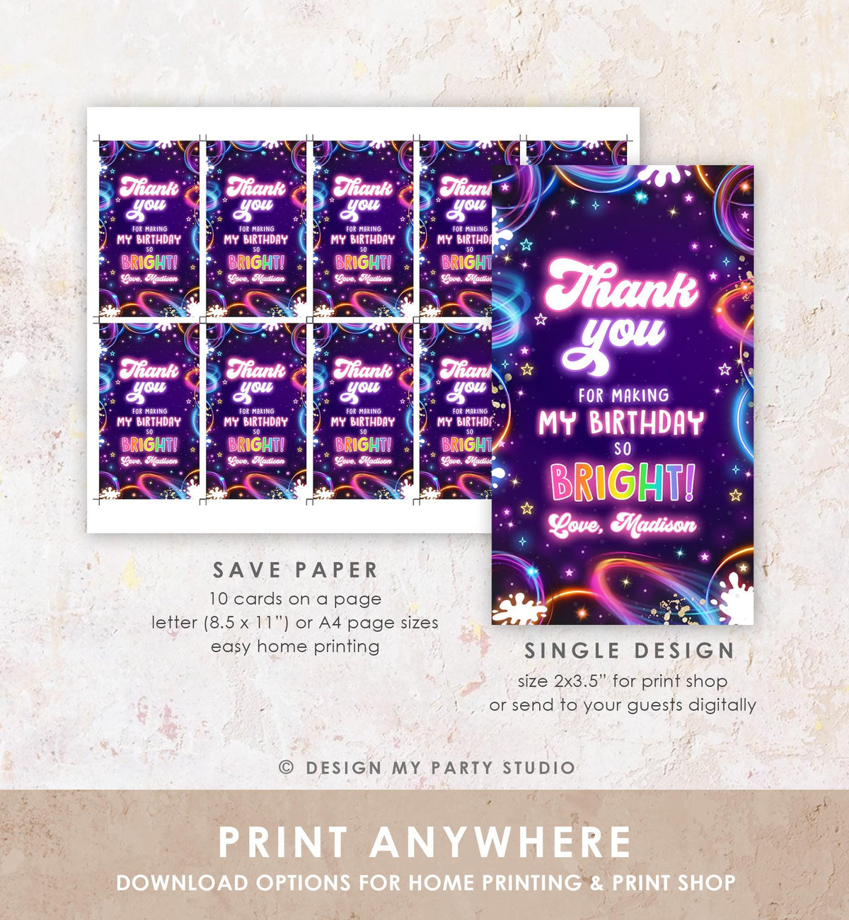 Editable Glow Favor Tag Neon Glow in the Dark Disco Girl Birthday Party Thank You Gift Tag Label Digital Download Template Printable 0537