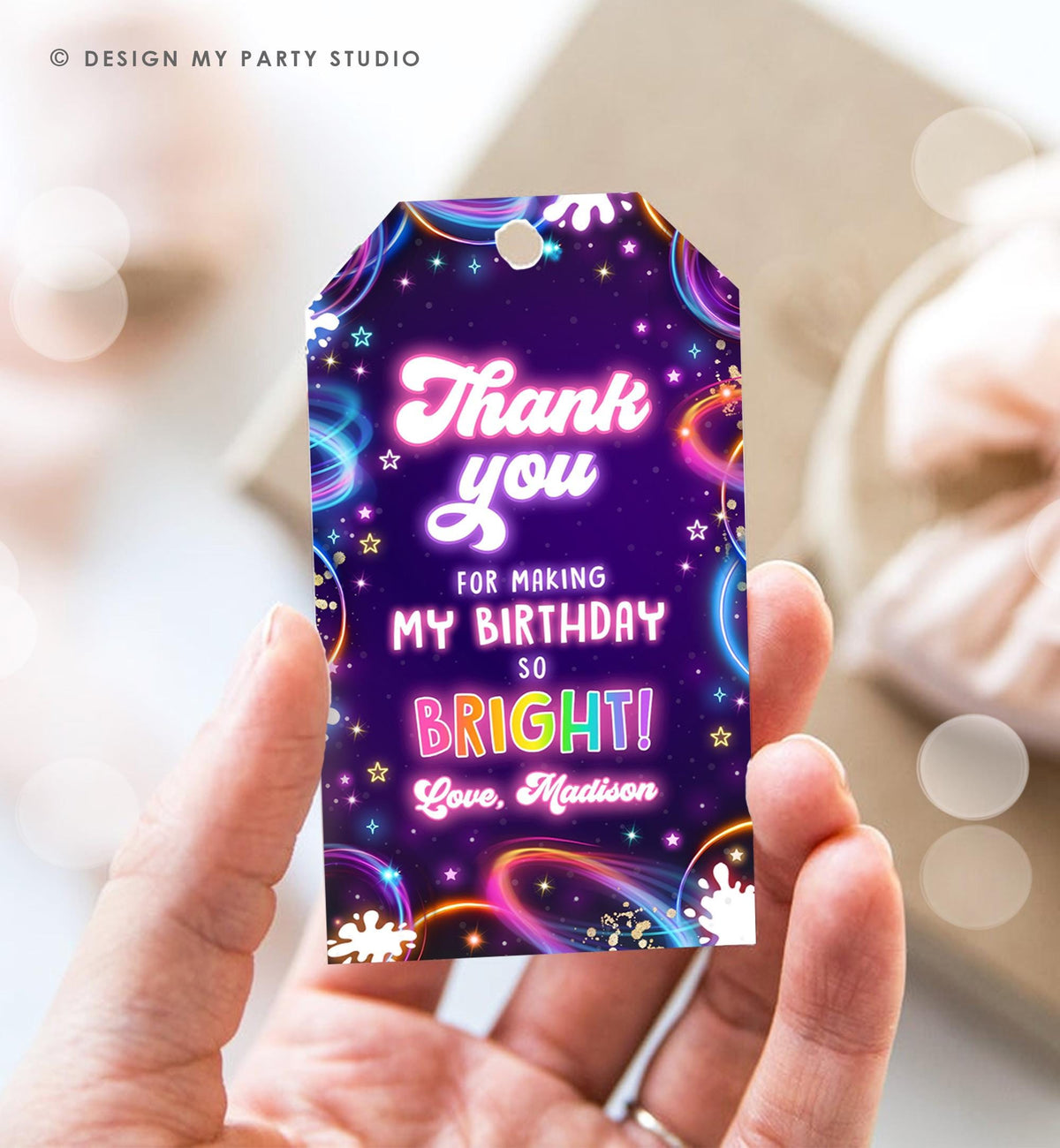 Editable Glow Favor Tag Neon Glow in the Dark Disco Girl Birthday Party Thank You Gift Tag Label Digital Download Template Printable 0537