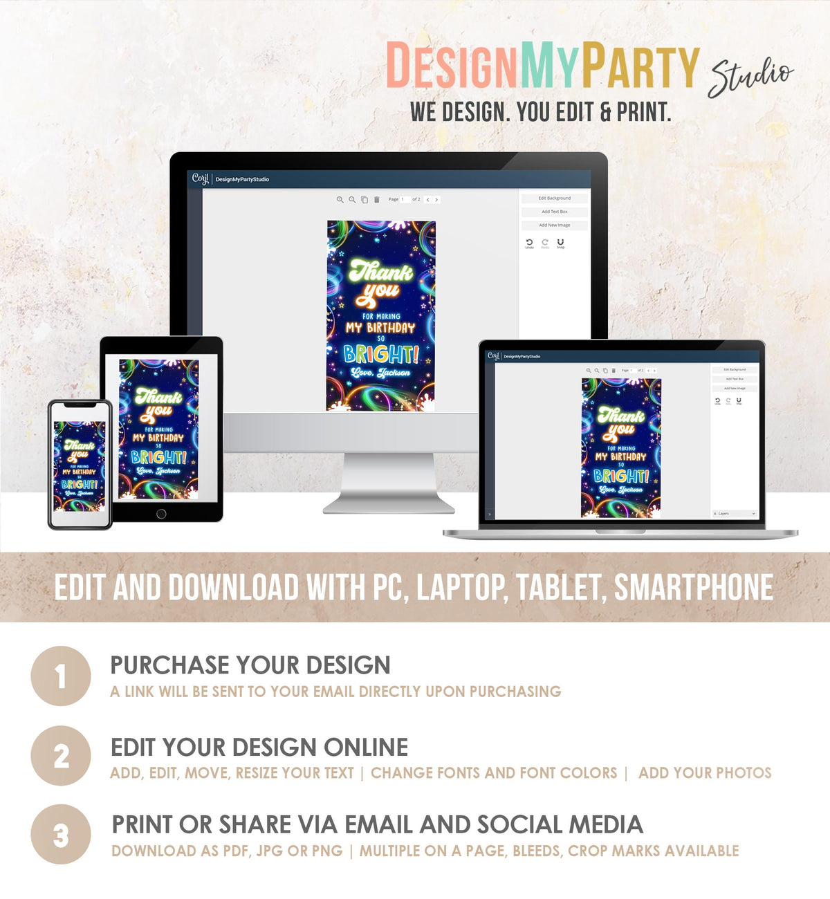 Editable Glow Favor Tag Neon Glow in the Dark Disco Boy Birthday Party Thank You Gift Tag Label Digital Download Template Printable 0537