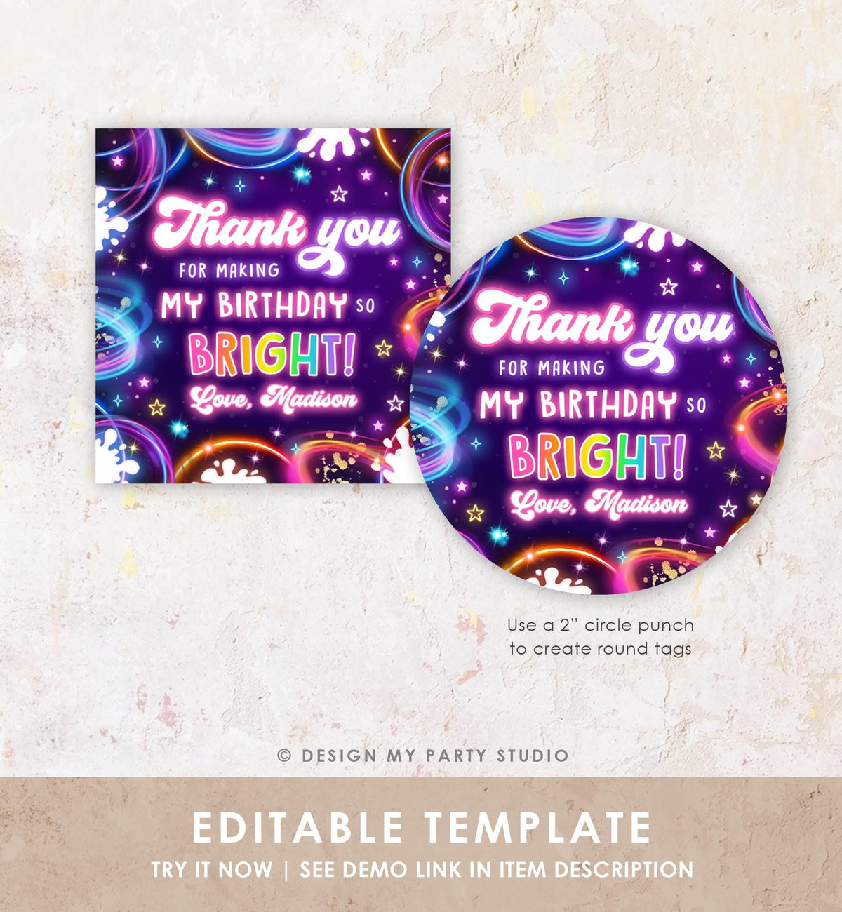 Editable Glow Favor Tag Neon Glow in the Dark Disco Girl Birthday Party Thank You Gift Tag Label Sticker Digital Template Printable 0537