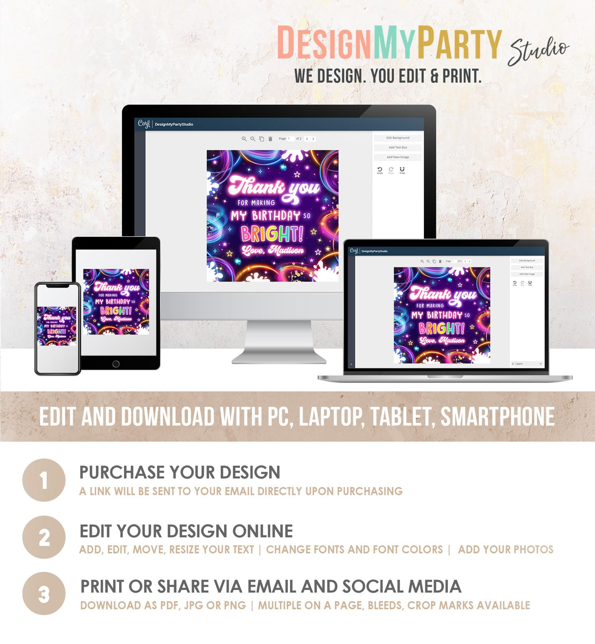 Editable Glow Favor Tag Neon Glow in the Dark Disco Girl Birthday Party Thank You Gift Tag Label Sticker Digital Template Printable 0537