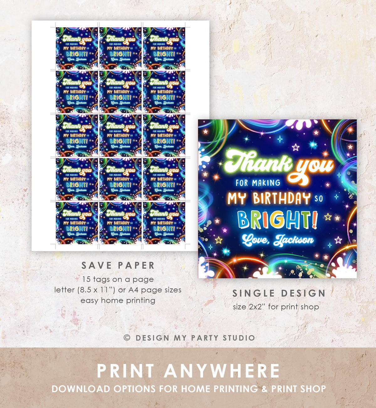 Editable Glow Favor Tag Neon Glow in the Dark Disco Boy Birthday Party Thank You Gift Tag Label Sticker Digital Template Printable 0537