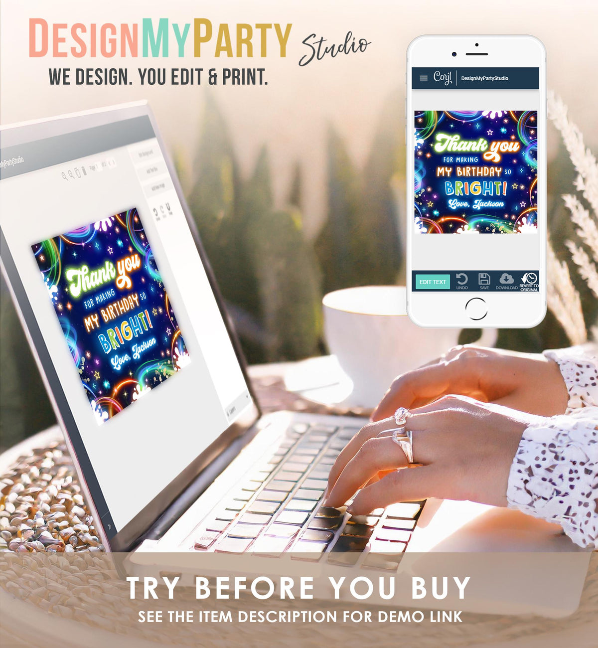 Editable Glow Favor Tag Neon Glow in the Dark Disco Boy Birthday Party Thank You Gift Tag Label Sticker Digital Template Printable 0537