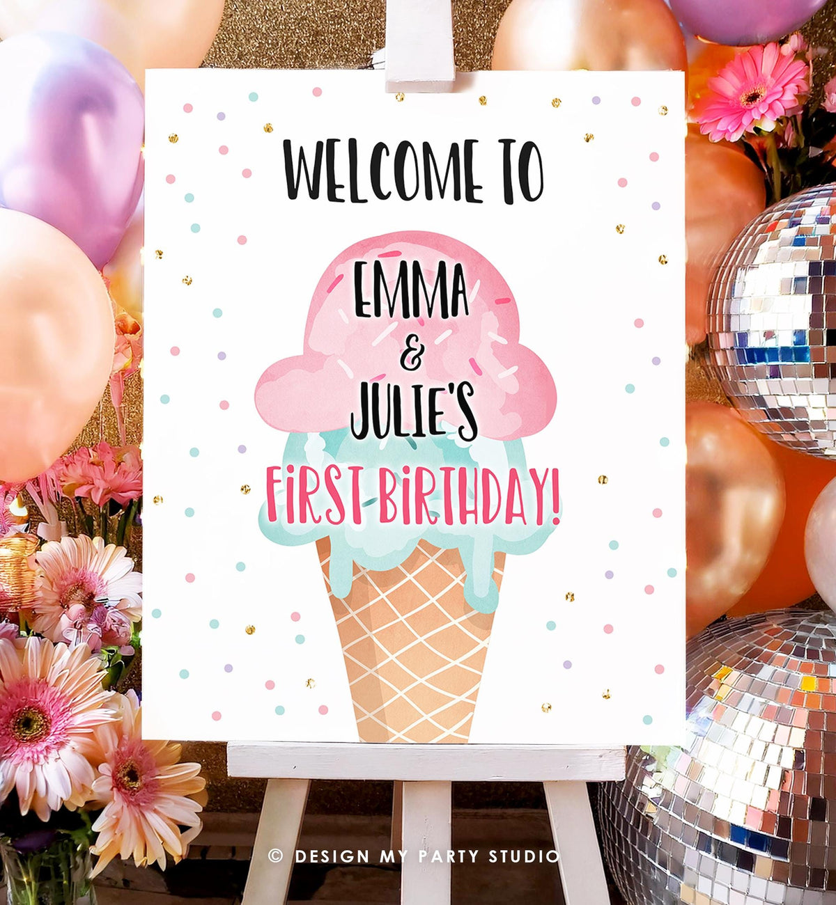 Editable Ice Cream Party Welcome Sign Ice Cream Birthday Twins Twin Siblings Joint Pink Teal Digital Download Template Printable 0243