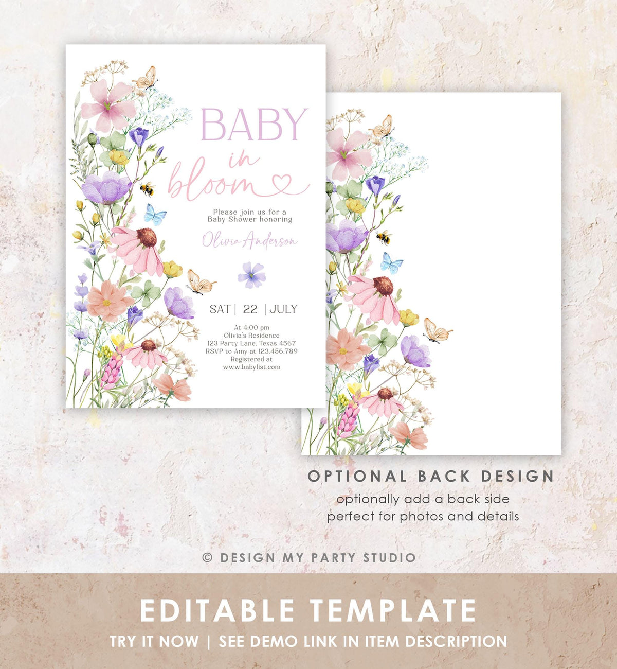 Editable Baby in Bloom Invitation Wildflowers Baby Shower Spring Butterflies Wild Flower Instant Download Template Digital Printable 0543