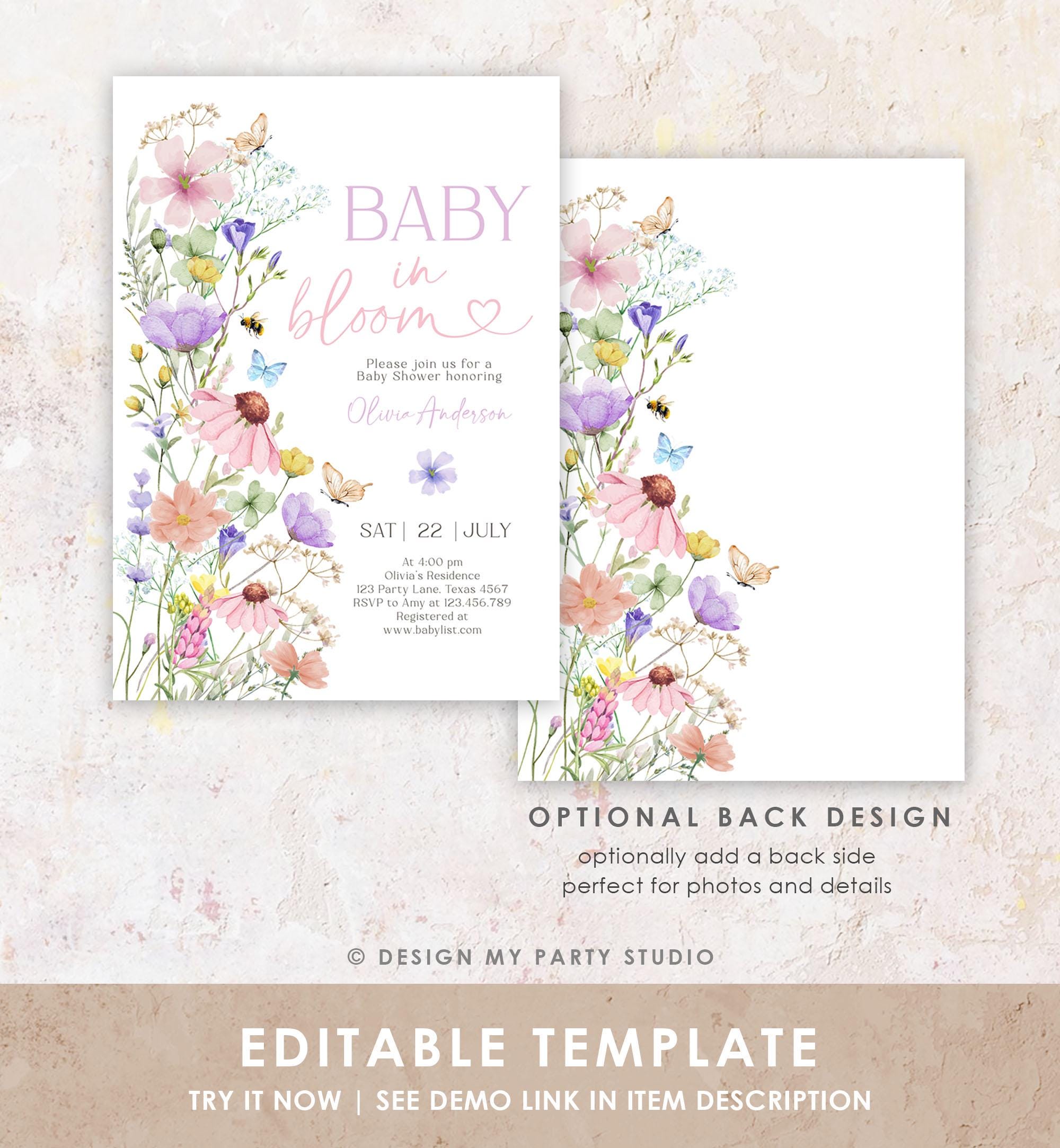 Editable Baby in Bloom Invitation Wildflowers Baby Shower Spring Butterflies Wild Flower Instant Download Template Digital Printable 0543
