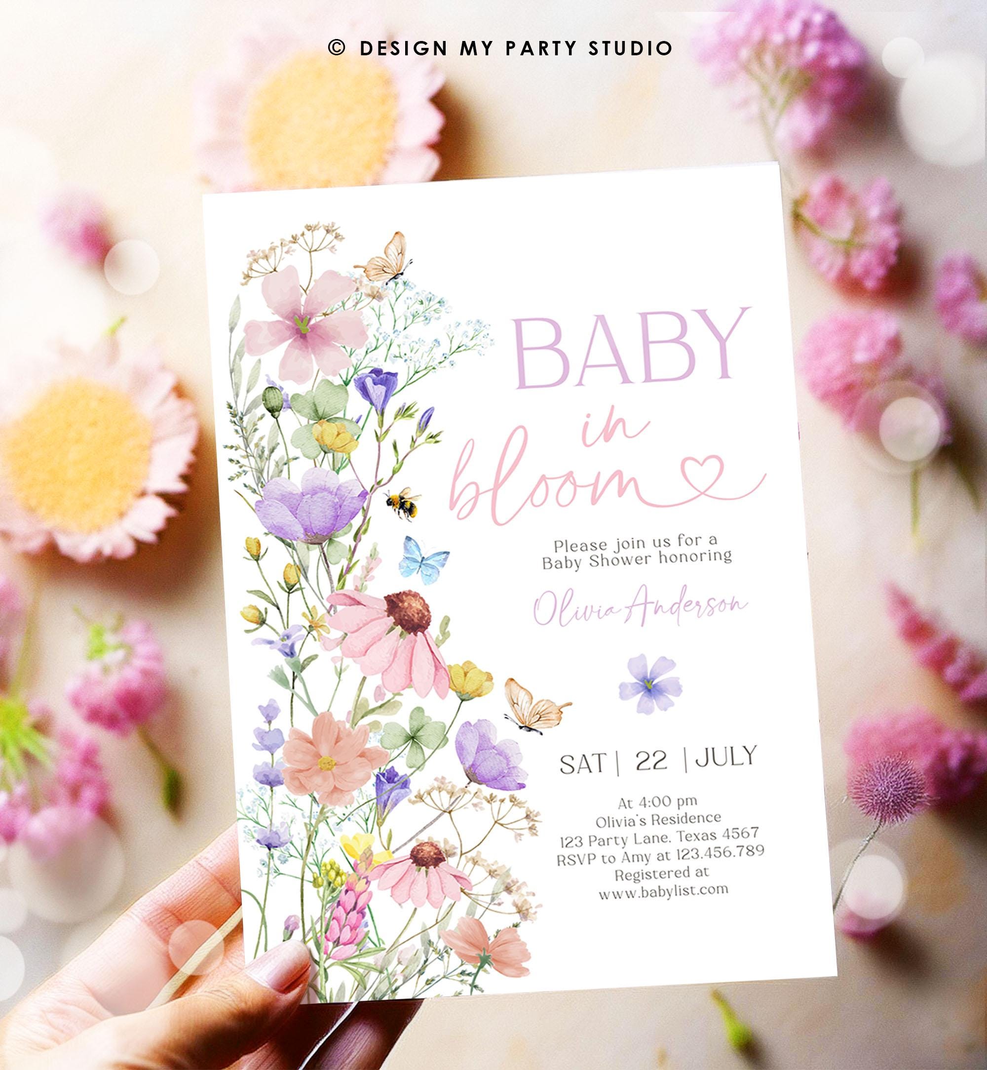 Editable Baby in Bloom Invitation Wildflowers Baby Shower Spring Butterflies Wild Flower Instant Download Template Digital Printable 0543