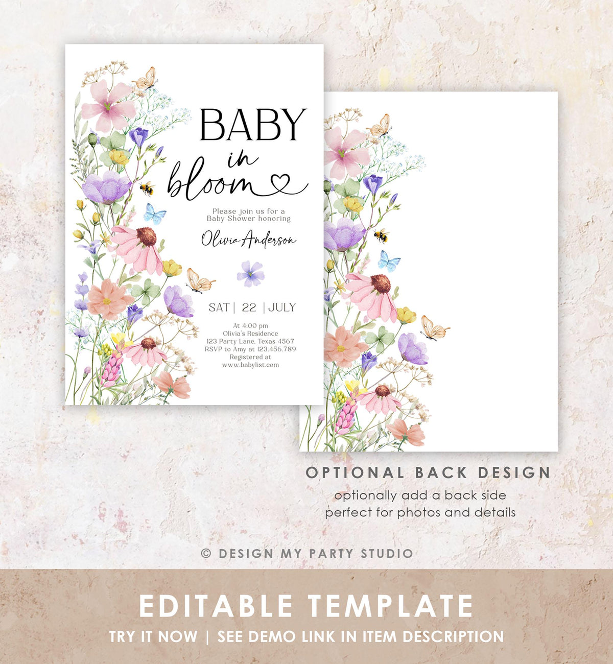 Editable Baby in Bloom Invitation Wildflowers Baby Shower Spring Butterflies Wild Flower Instant Download Template Digital Printable 0543