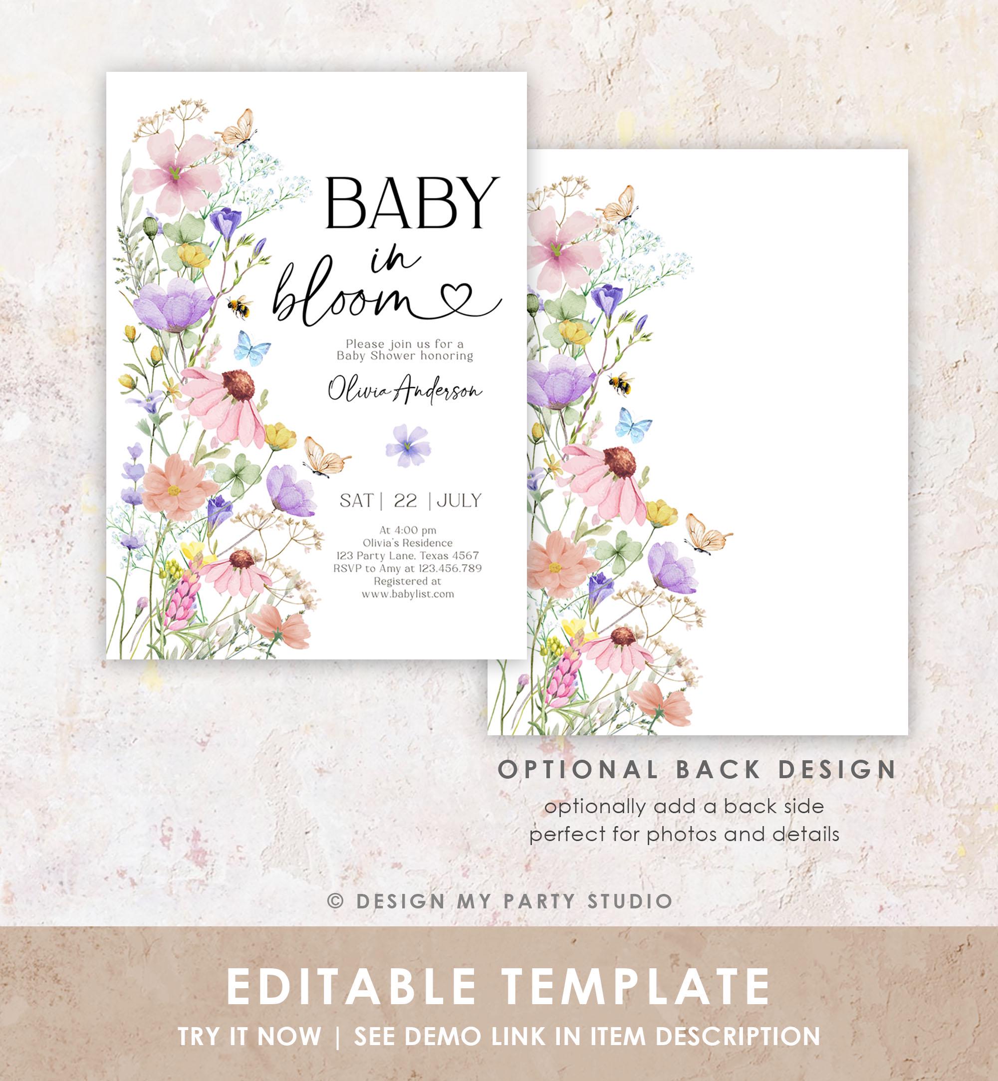 Editable Baby in Bloom Invitation Wildflowers Baby Shower Spring Butterflies Wild Flower Instant Download Template Digital Printable 0543