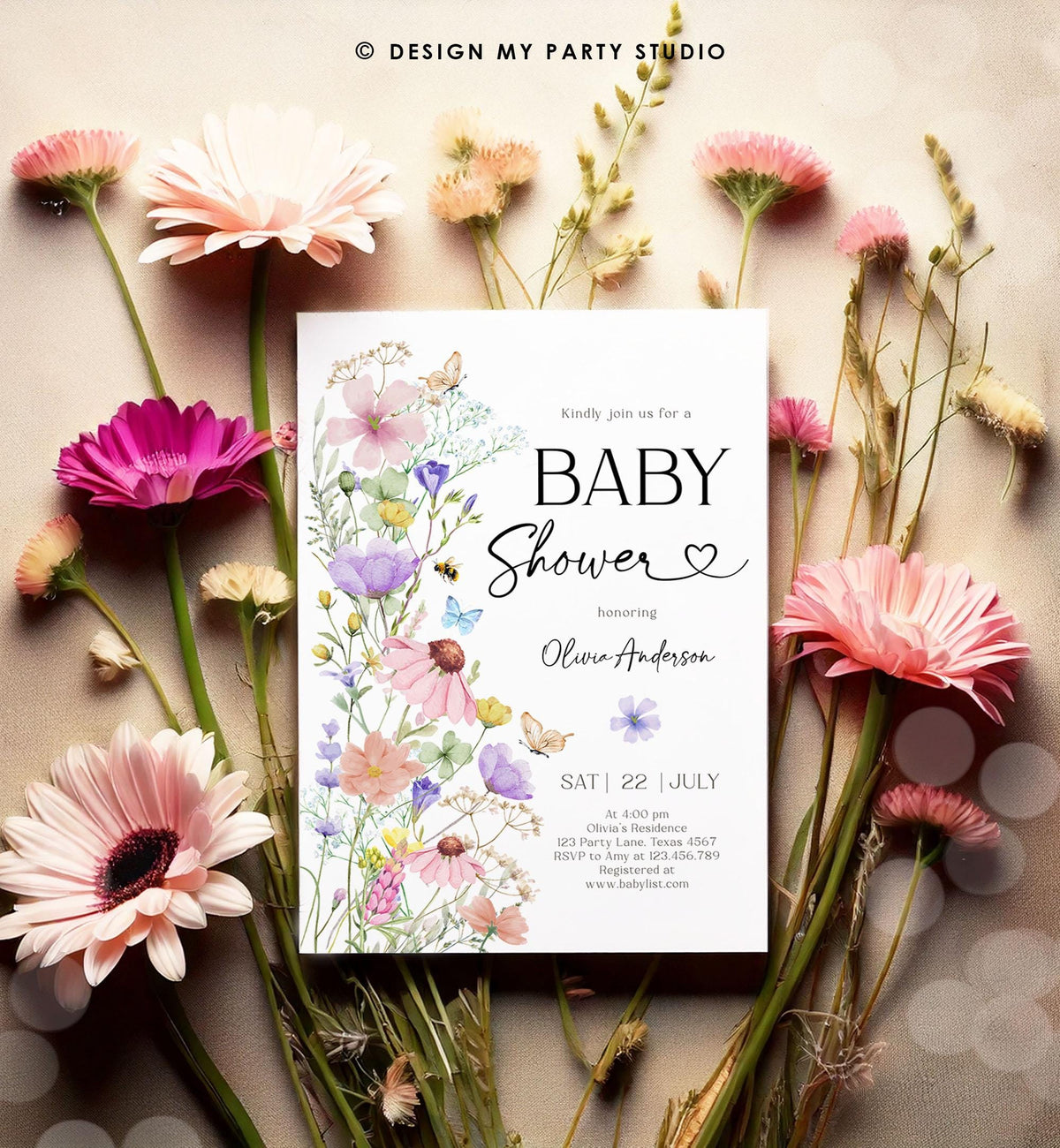 Editable Boho Wildflower Baby Shower Invitation Baby in Bloom Invitation Butterflies Wild Flower Download Template Digital Printable 0543