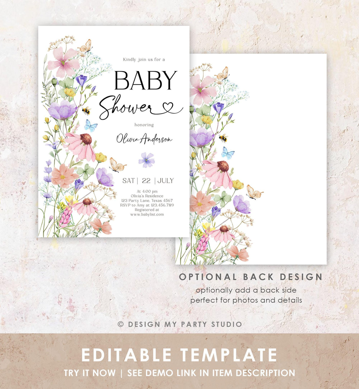 Editable Boho Wildflower Baby Shower Invitation Baby in Bloom Invitation Butterflies Wild Flower Download Template Digital Printable 0543
