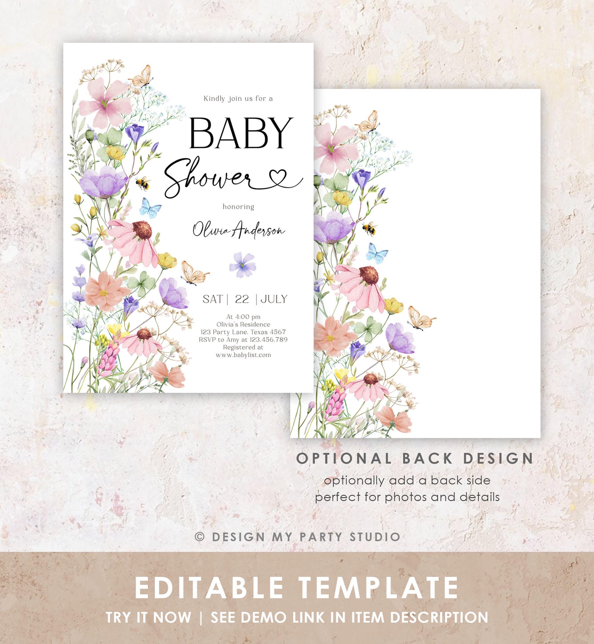 Editable Boho Wildflower Baby Shower Invitation Baby in Bloom Invitation Butterflies Wild Flower Download Template Digital Printable 0543