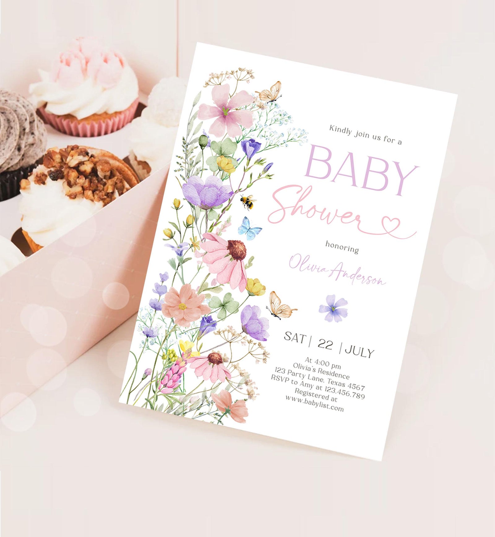 Editable Boho Wildflower Baby Shower Invitation Baby in Bloom Invitation Butterflies Wild Flower Download Template Digital Printable 0543