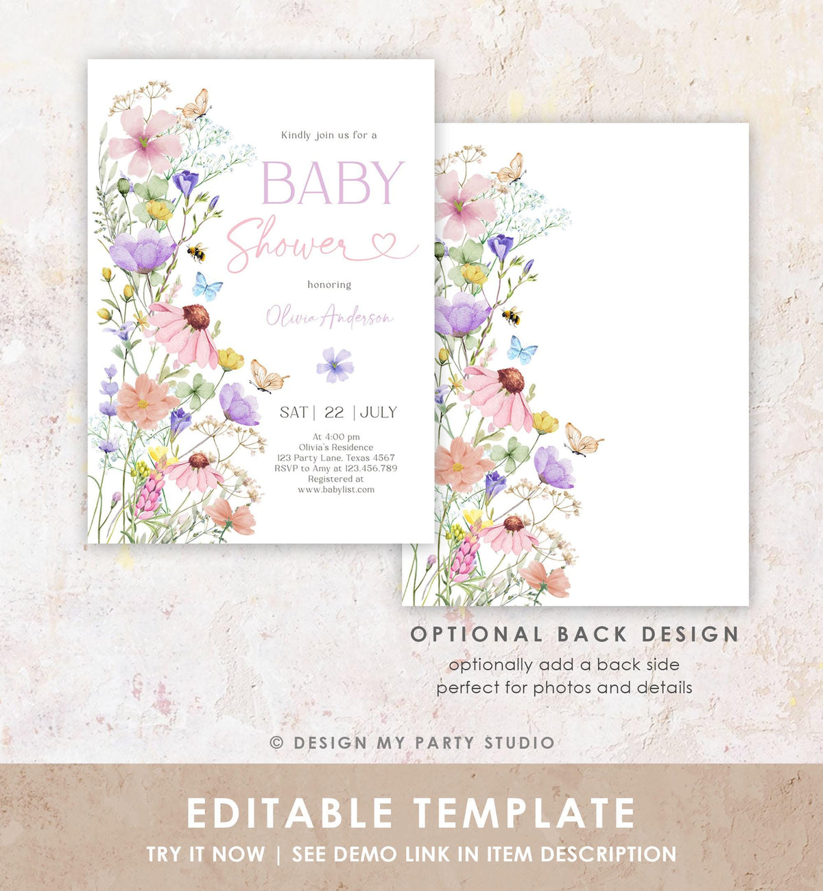 Editable Boho Wildflower Baby Shower Invitation Baby in Bloom Invitation Butterflies Wild Flower Download Template Digital Printable 0543