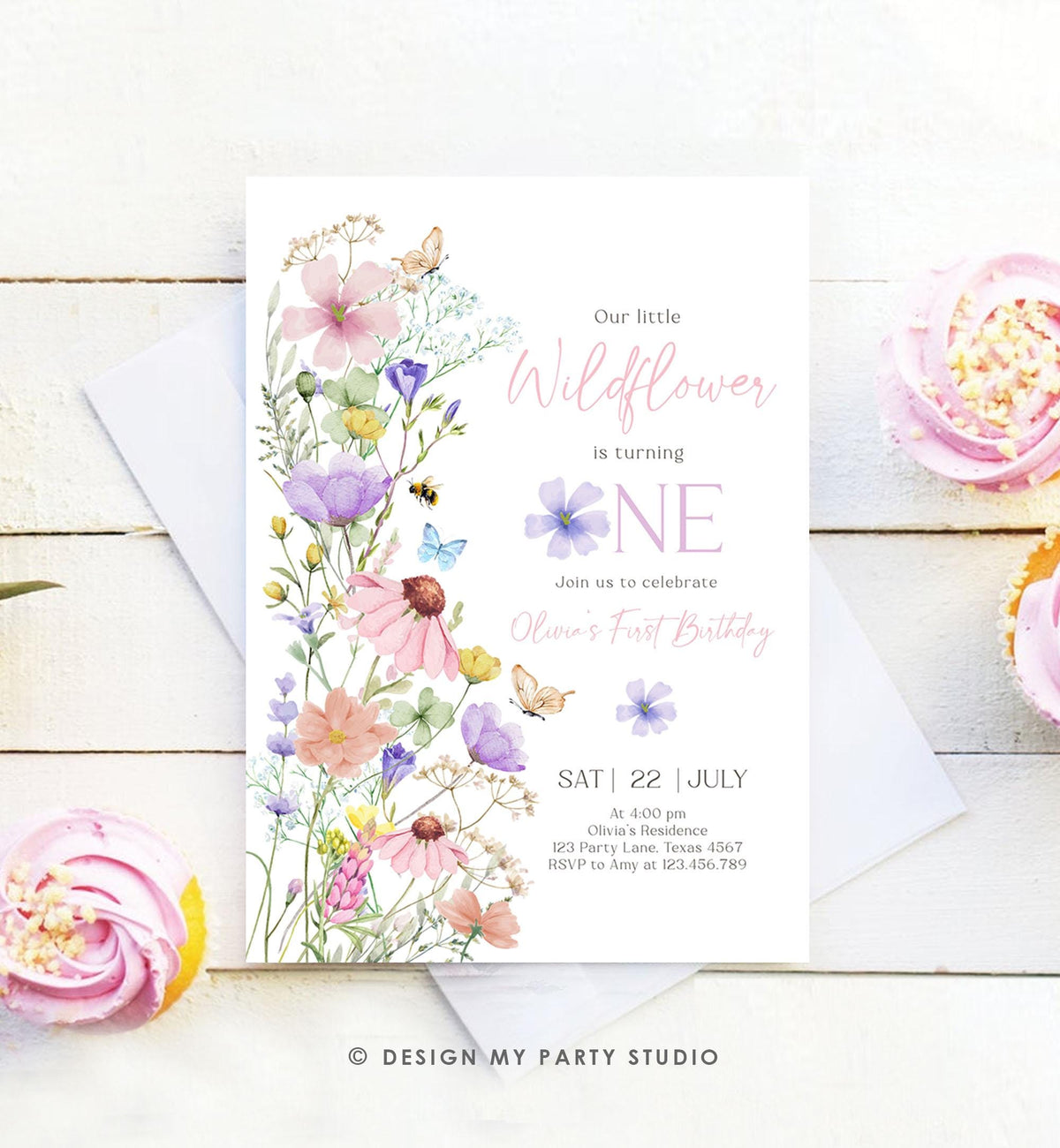 Editable Wildflowers Birthday Invitation Floral 1st Birthday Party Invite Garden Birthday Girl Digital Download Template Printable 0543