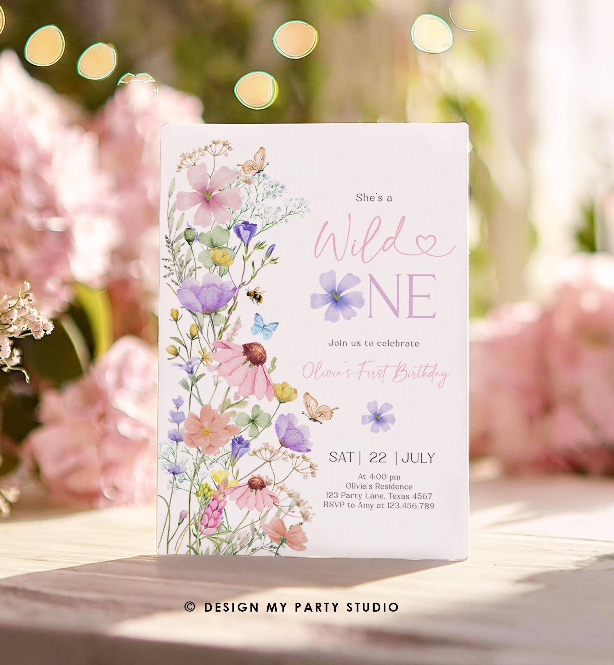 Editable Wildflower Wild One Birthday Invitation Floral 1st Birthday Daisy Butterfly Meadow Girl Digital Download Template Printable 0543