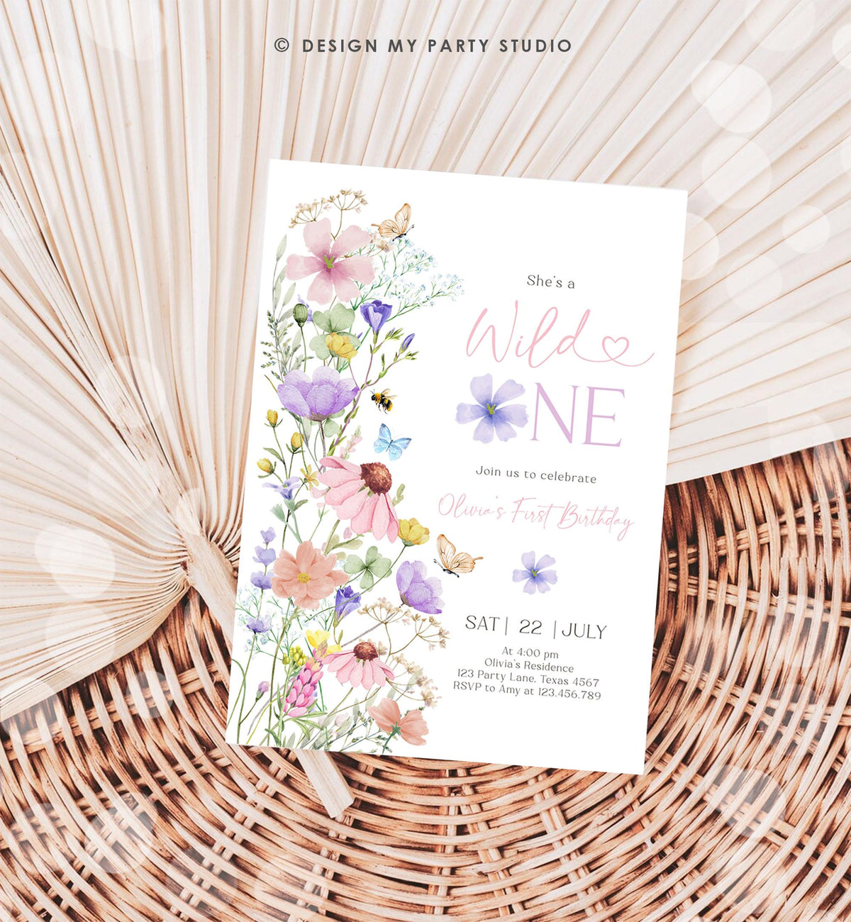 Editable Wildflower Wild One Birthday Invitation Floral 1st Birthday Daisy Butterfly Meadow Girl Digital Download Template Printable 0543
