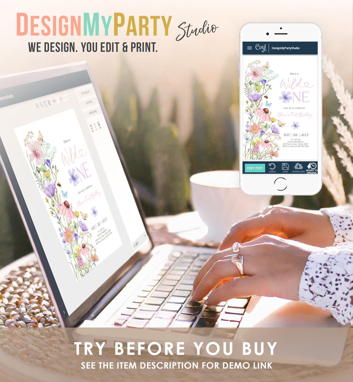 Editable Wildflower Wild One Birthday Invitation Floral 1st Birthday Daisy Butterfly Meadow Girl Digital Download Template Printable 0543