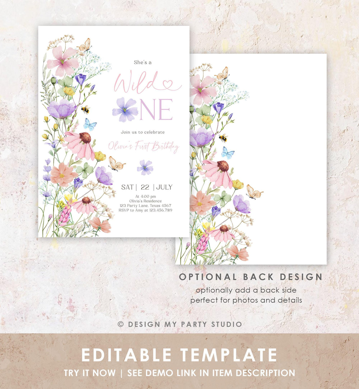 Editable Wildflower Wild One Birthday Invitation Floral 1st Birthday Daisy Butterfly Meadow Girl Digital Download Template Printable 0543