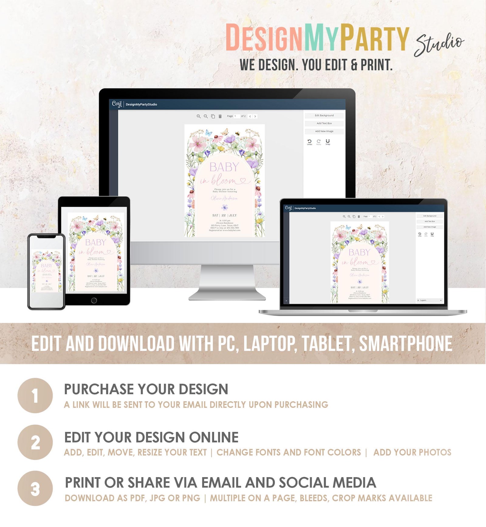 Editable Baby in Bloom Invitation Wildflowers Baby Shower Spring Butterflies Wild Flower Instant Download Template Digital Printable 0543