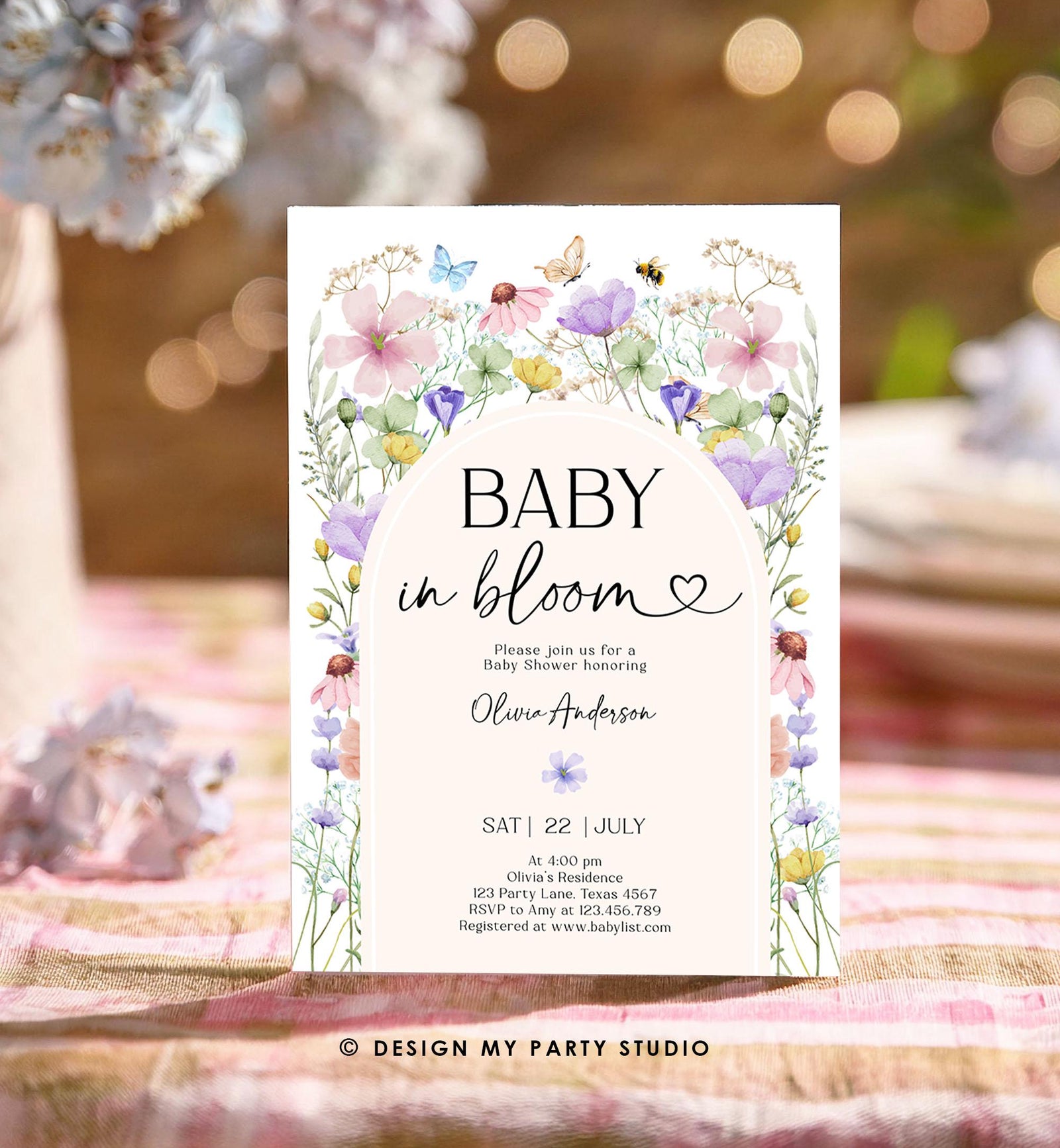 Editable Baby in Bloom Invitation Wildflowers Baby Shower Arch Butterflies Wild Flower Instant Download Template Digital Printable 0543