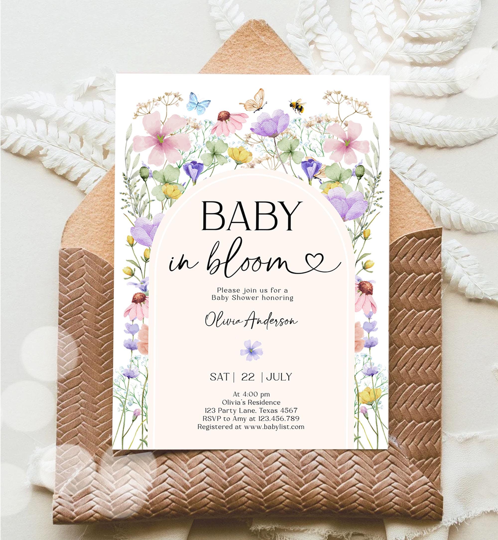 Editable Baby in Bloom Invitation Wildflowers Baby Shower Arch Butterflies Wild Flower Instant Download Template Digital Printable 0543