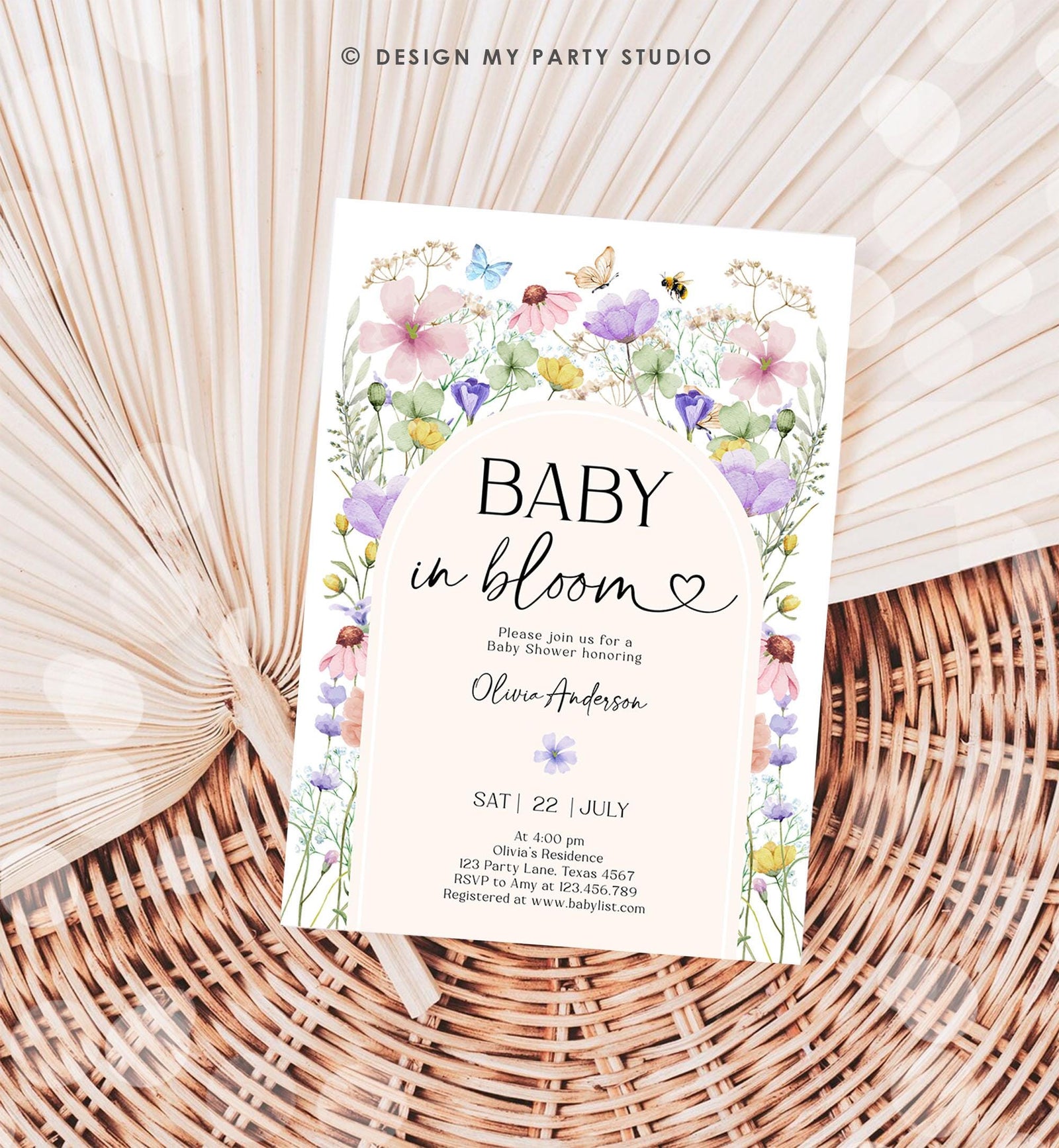 Editable Baby in Bloom Invitation Wildflowers Baby Shower Arch Butterflies Wild Flower Instant Download Template Digital Printable 0543