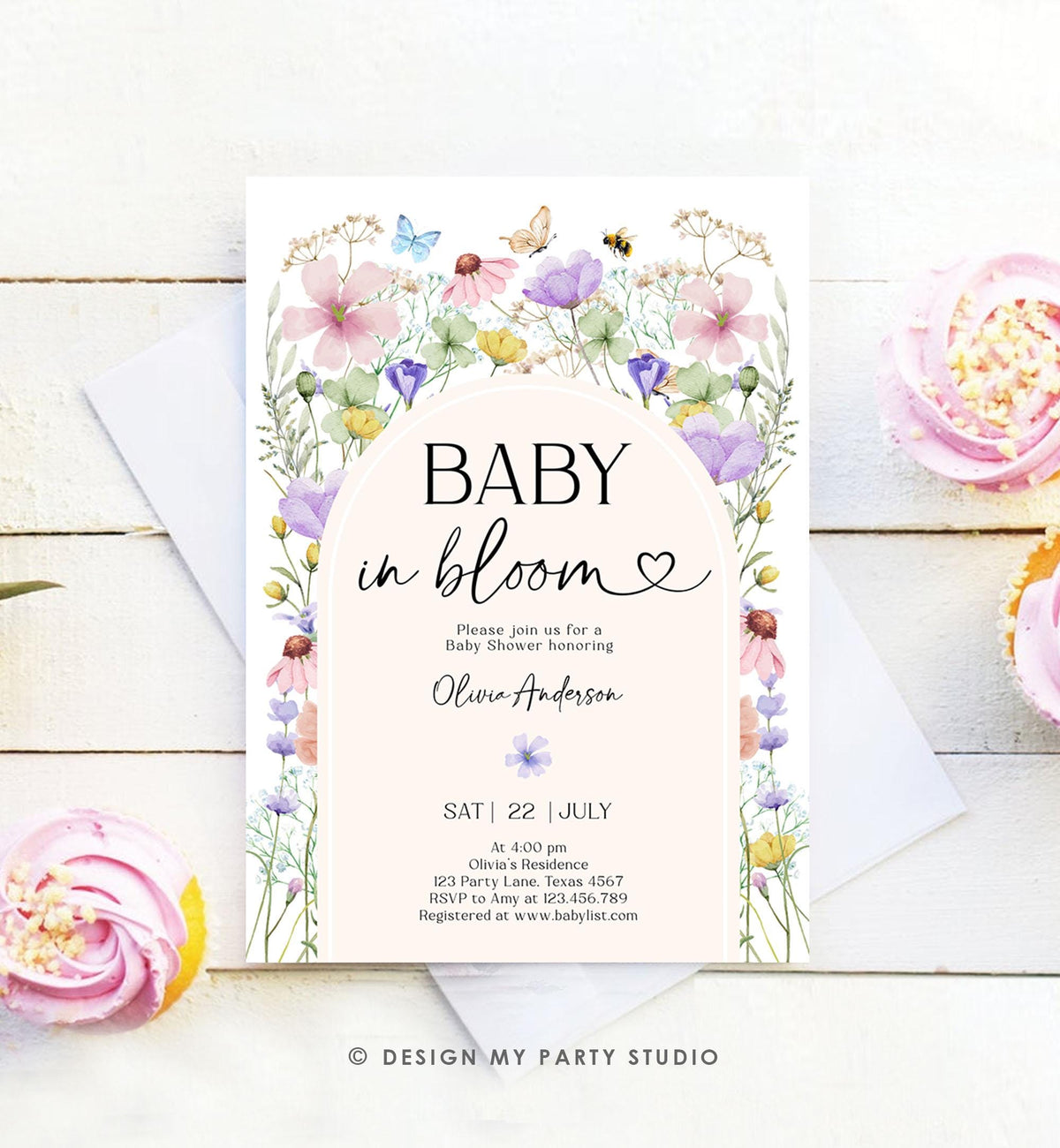 Editable Baby in Bloom Invitation Wildflowers Baby Shower Arch Butterflies Wild Flower Instant Download Template Digital Printable 0543