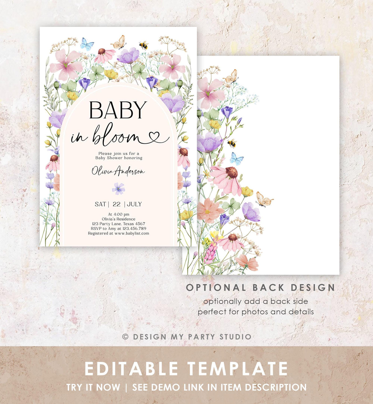Editable Baby in Bloom Invitation Wildflowers Baby Shower Arch Butterflies Wild Flower Instant Download Template Digital Printable 0543