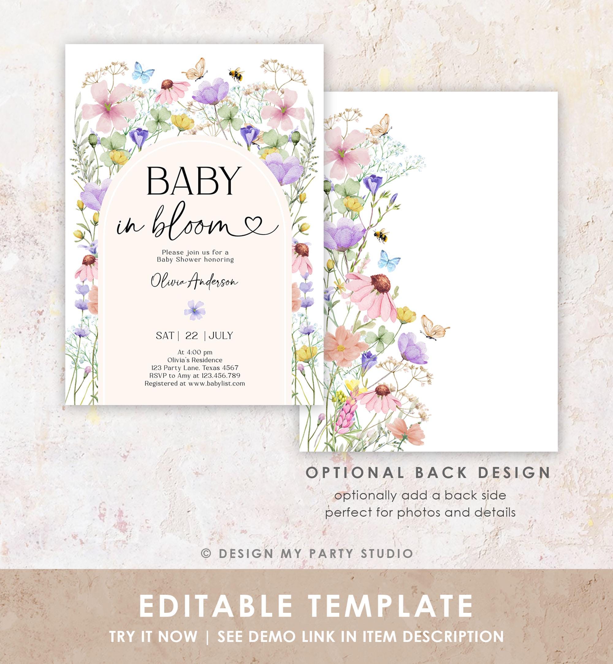 Editable Baby in Bloom Invitation Wildflowers Baby Shower Arch Butterflies Wild Flower Instant Download Template Digital Printable 0543