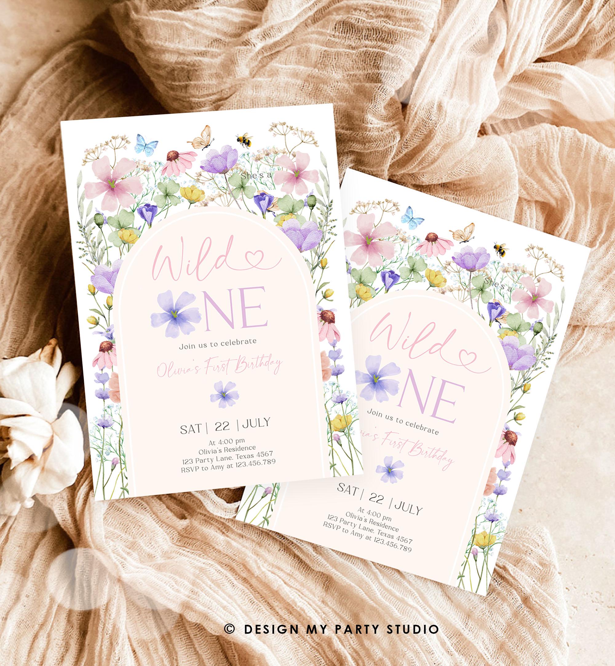 Editable Wildflower Wild One Birthday Invitation Floral 1st Birthday Daisy Butterfly Meadow Girl Digital Download Template Printable 0543