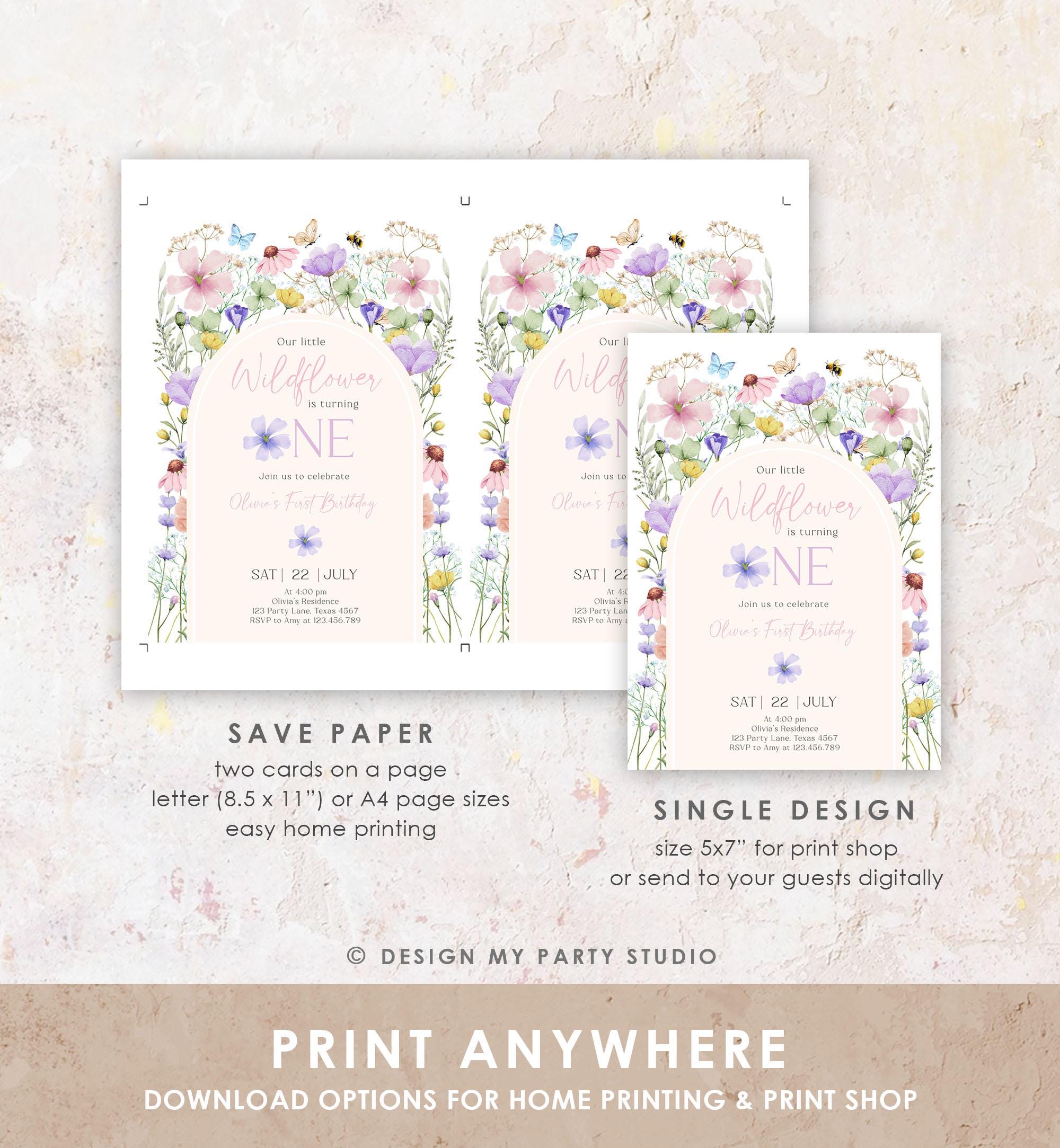 Editable Wildflowers Birthday Invitation Floral 1st Birthday Party Invite Garden Birthday Girl Digital Download Template Printable 0543